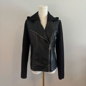 Joie Mixed Media Moto Jacket XS – Black Faux Leather & Knit Hooded Biker Style